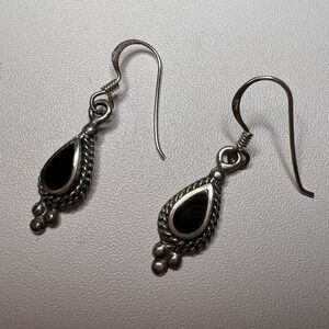 Vintage‎ Black Onyx Charles Winston Sterling Silver Teardrop Rope Earrings